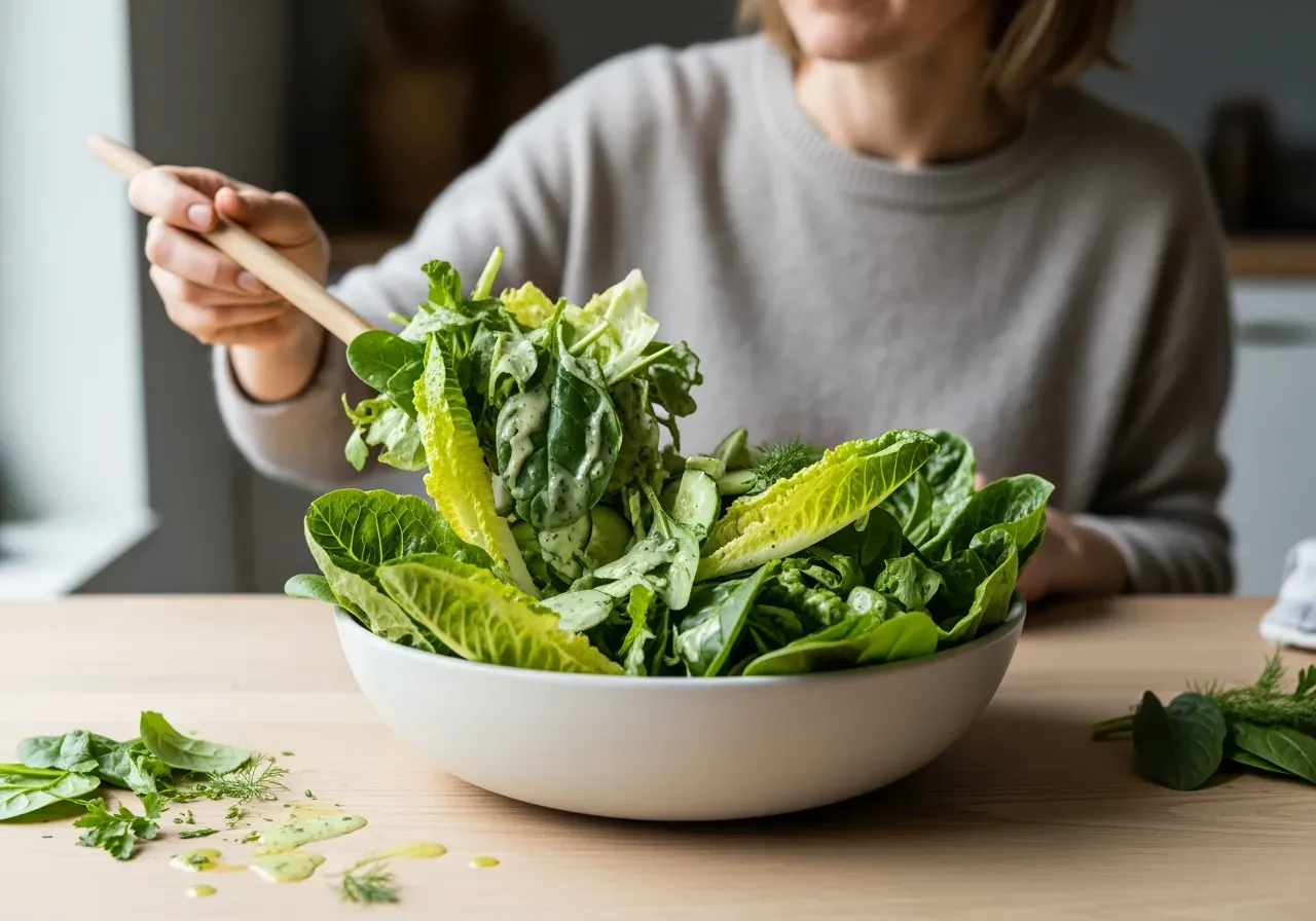 Kalorisnål dressing på grön sallad